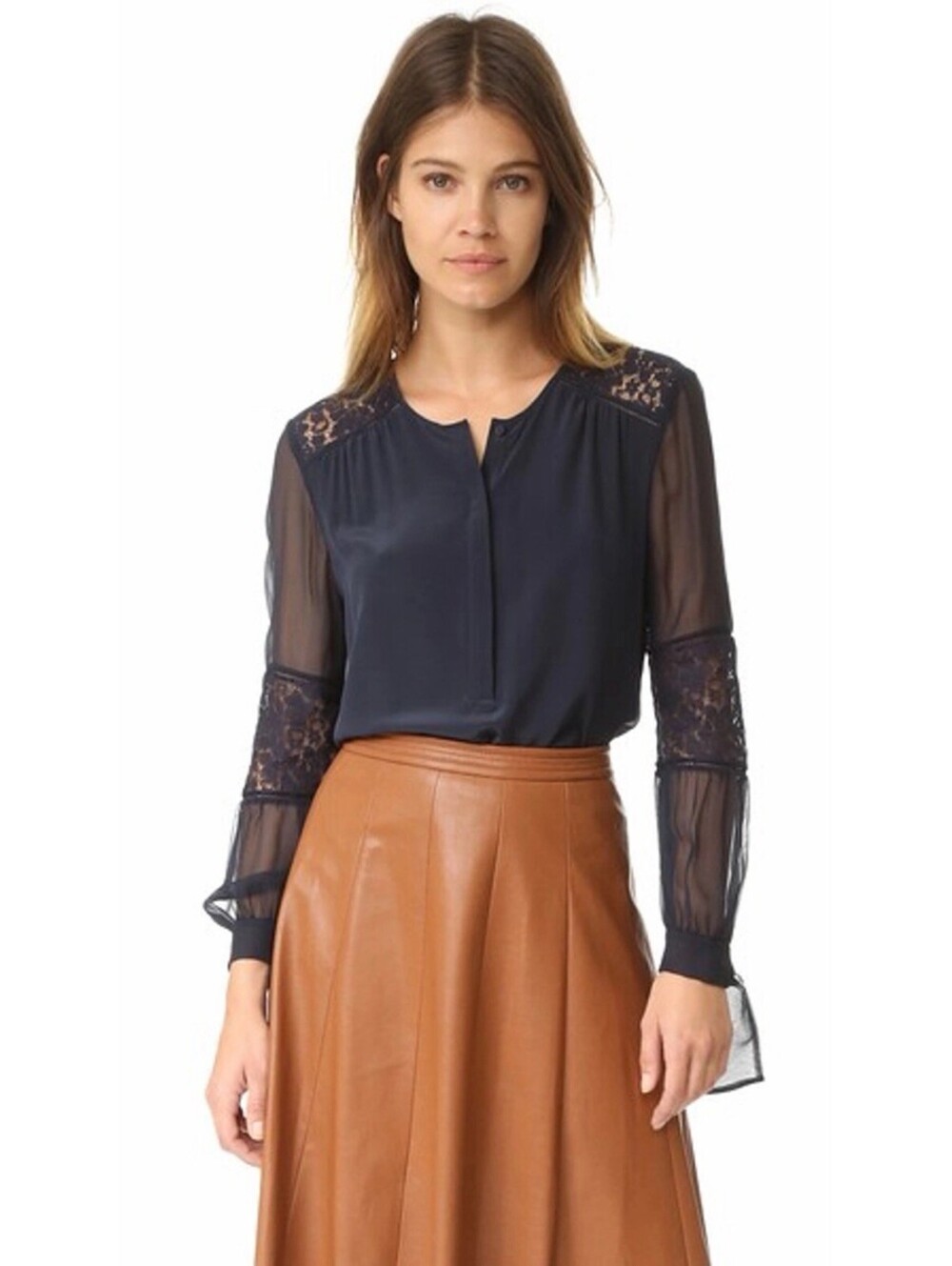 Rebecca Taylor Sarah Lace Paneled 100% Silk Blouse Navy Sz 8 Feminine Sheer